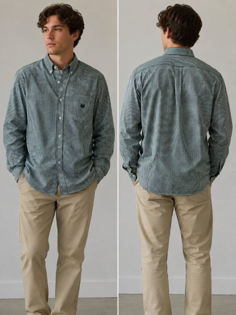 Chaps Men's L Green Gingham Stretch Button Down Shirt Easy Care Long Sleeve